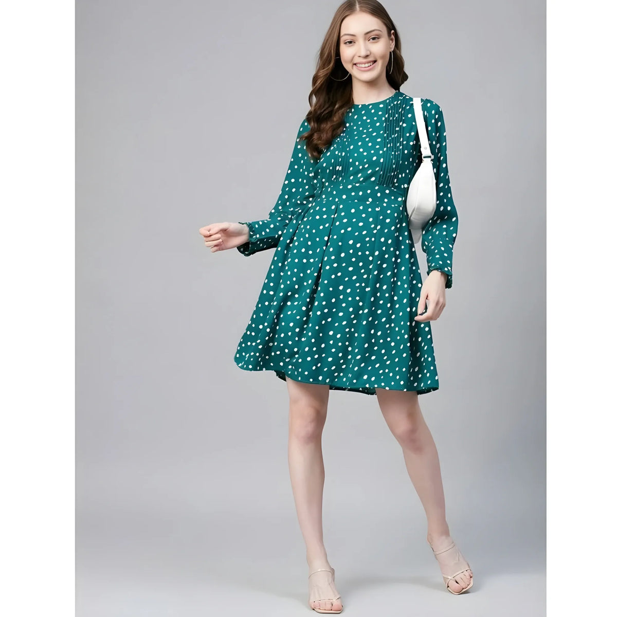 Women's Polyester Polka Long Sleeves Above Knee Dress (green White) | Women Signature Collection