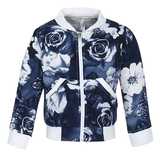 Girl's Polyester Printed Long Sleeves Bomber Jacket (white Blue) | Kids Signature Collection