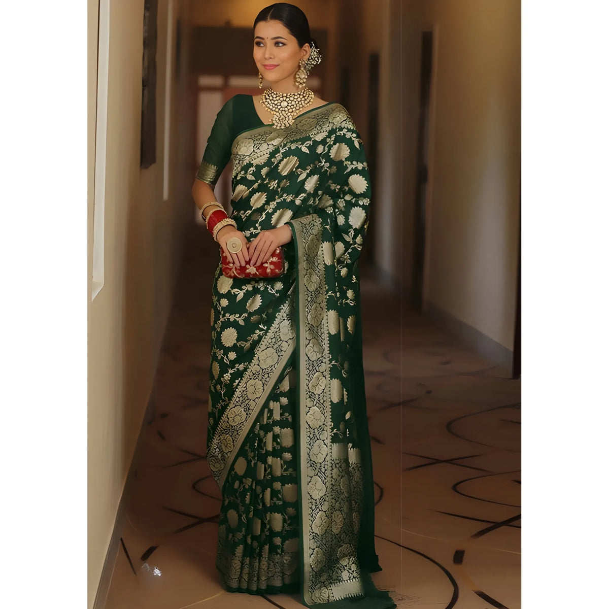 Women's Jacquard Printed Saree With Unstitched Blouse 5.5Mtr (Bottle Green)