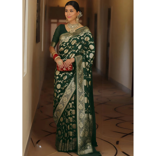 Women's Jacquard Printed Saree With Unstitched Blouse 5.5Mtr (Bottle Green)