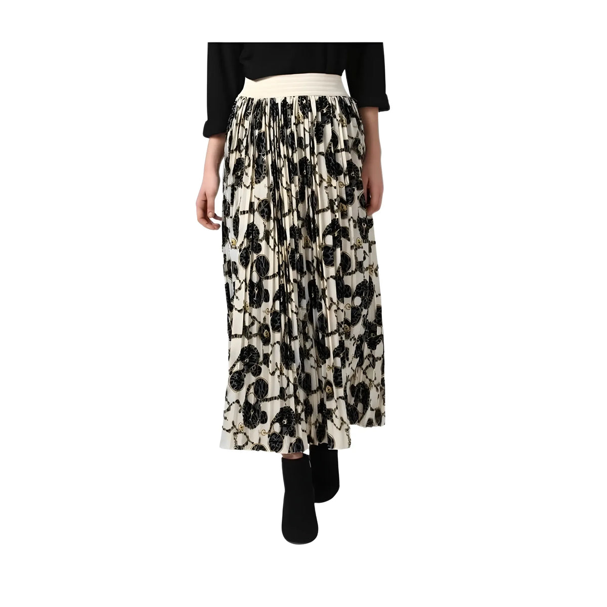 Women's Georgette Chain Print Elasticated Skirt (cream Black) | Women Signature Collection