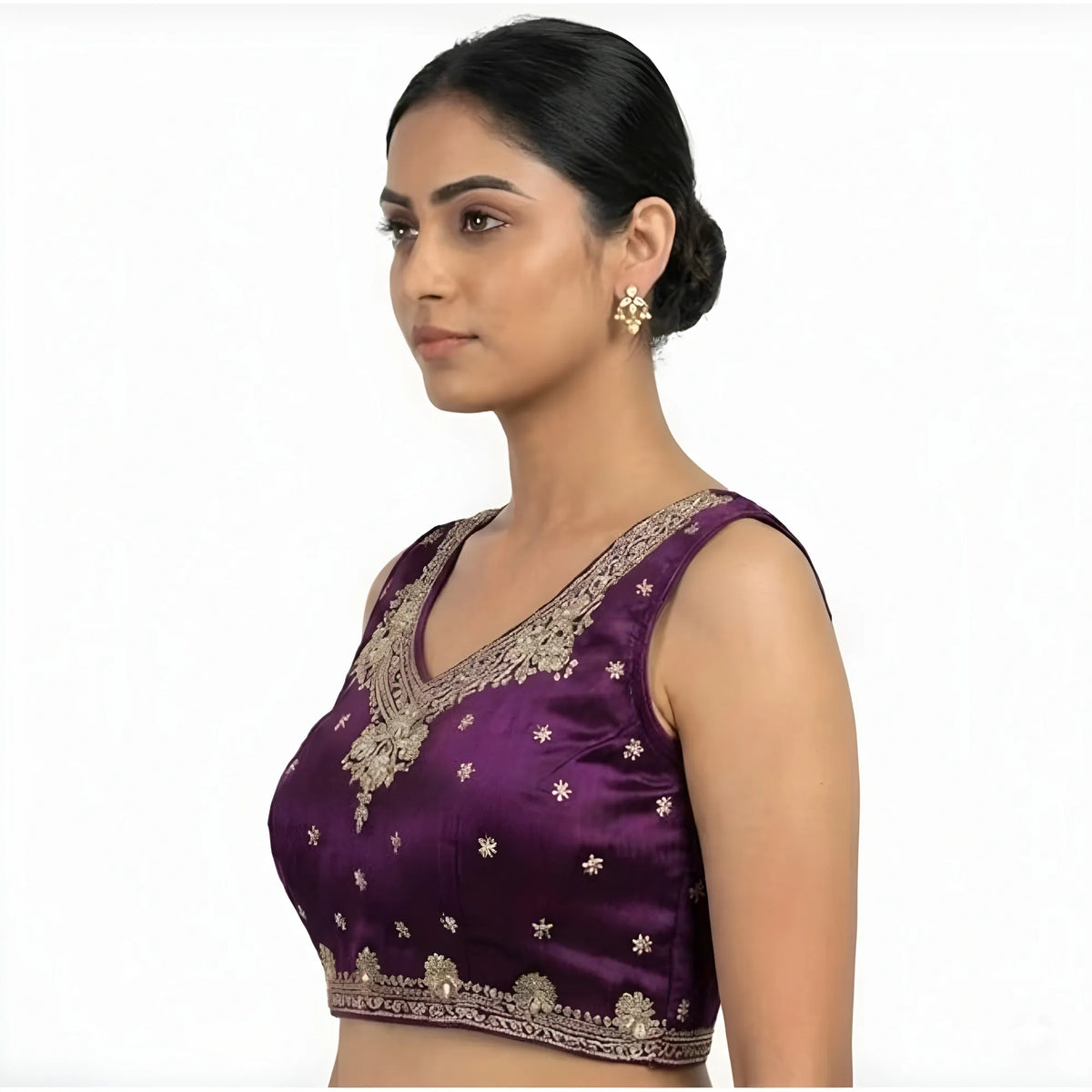Women's Silk Embroidered V-Neck Sleeveless Readymade Padded Blouse (Wine, Size 38)
