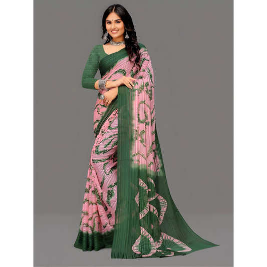 Women's Georgette Striped Printed Saree With Unstitched Blouse 5.5Mtr (Pink-Green)