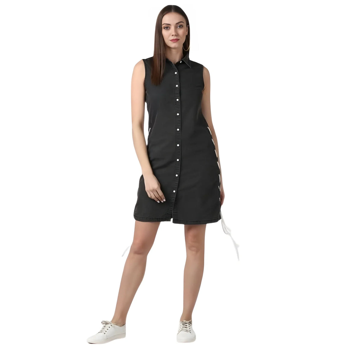 Women's Denim Solid Sleeveless Dress (black) | Women Signature Collection