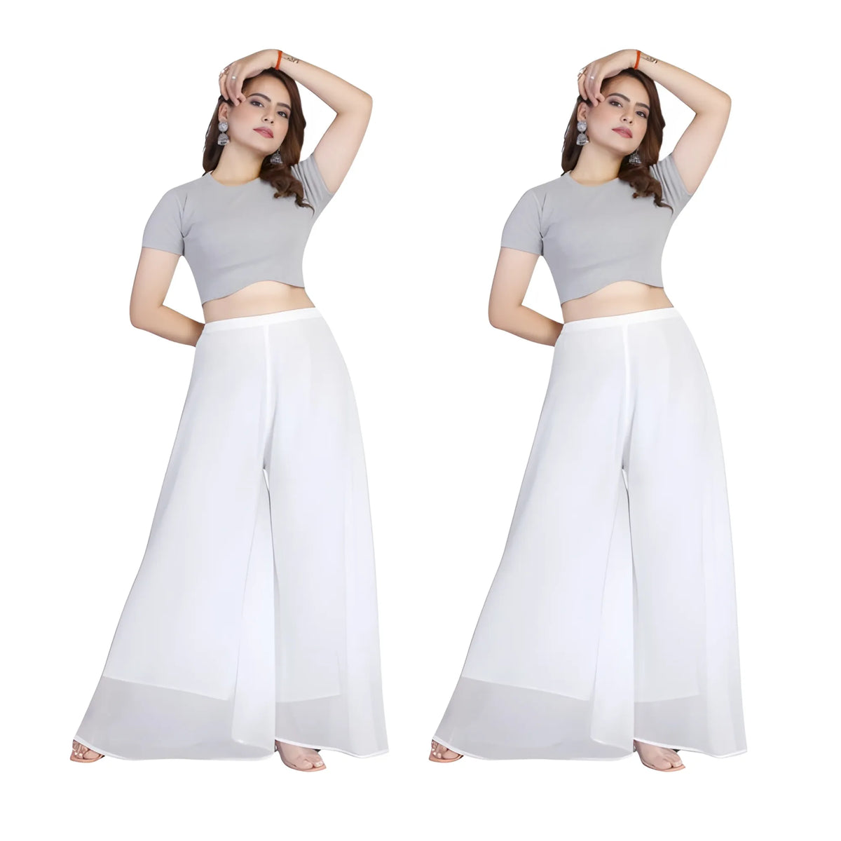 Women's Pack of 2 Georgette Solid High Rise Wide Leg Flared Palazzos with Elastic Waist (White)