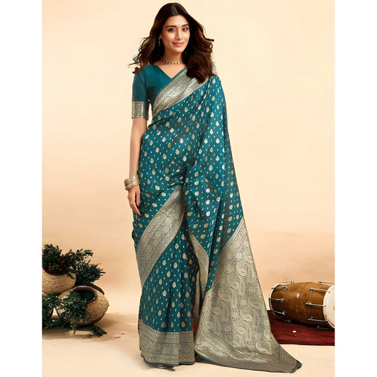 Women's Jacquard Printed Saree With Unstitched Blouse 5.5Mtr (Teal)