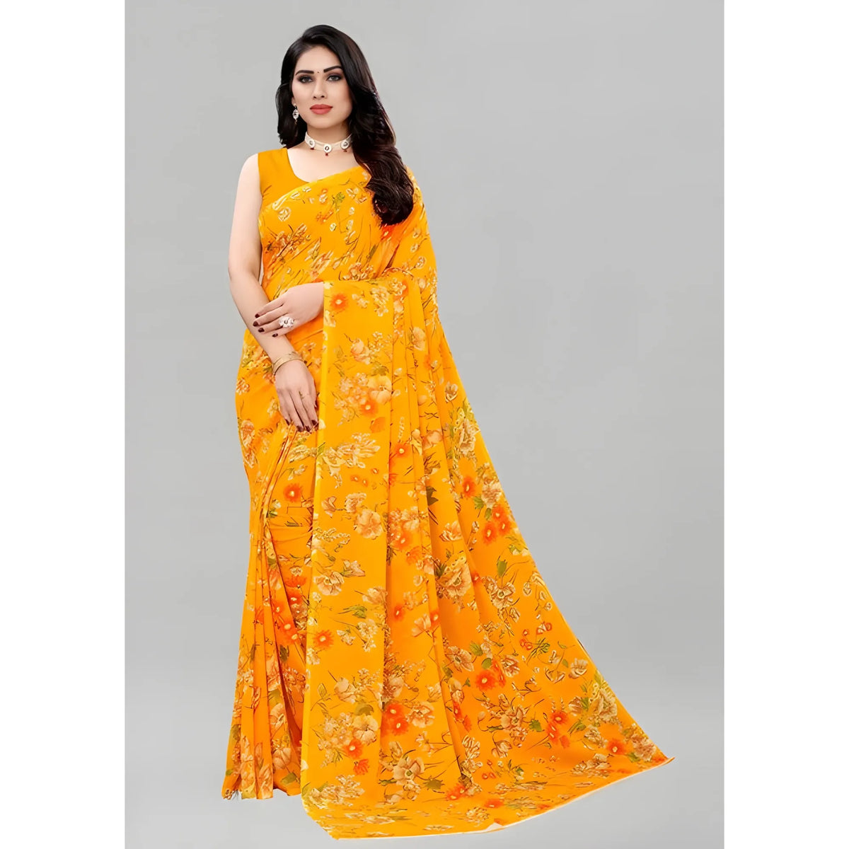 Women's Georgette Floral Printed Saree With Unstitched Blouse 5.5Mtr (Yellow)