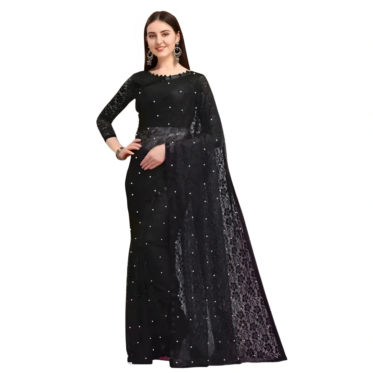 Women's Net Self Design Saree With Unstitched Blouse 5.5Mtr  (Black)