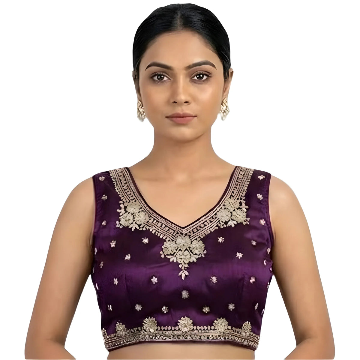 Women's Silk Embroidered V-Neck Sleeveless Readymade Padded Blouse (Wine, Size 38)