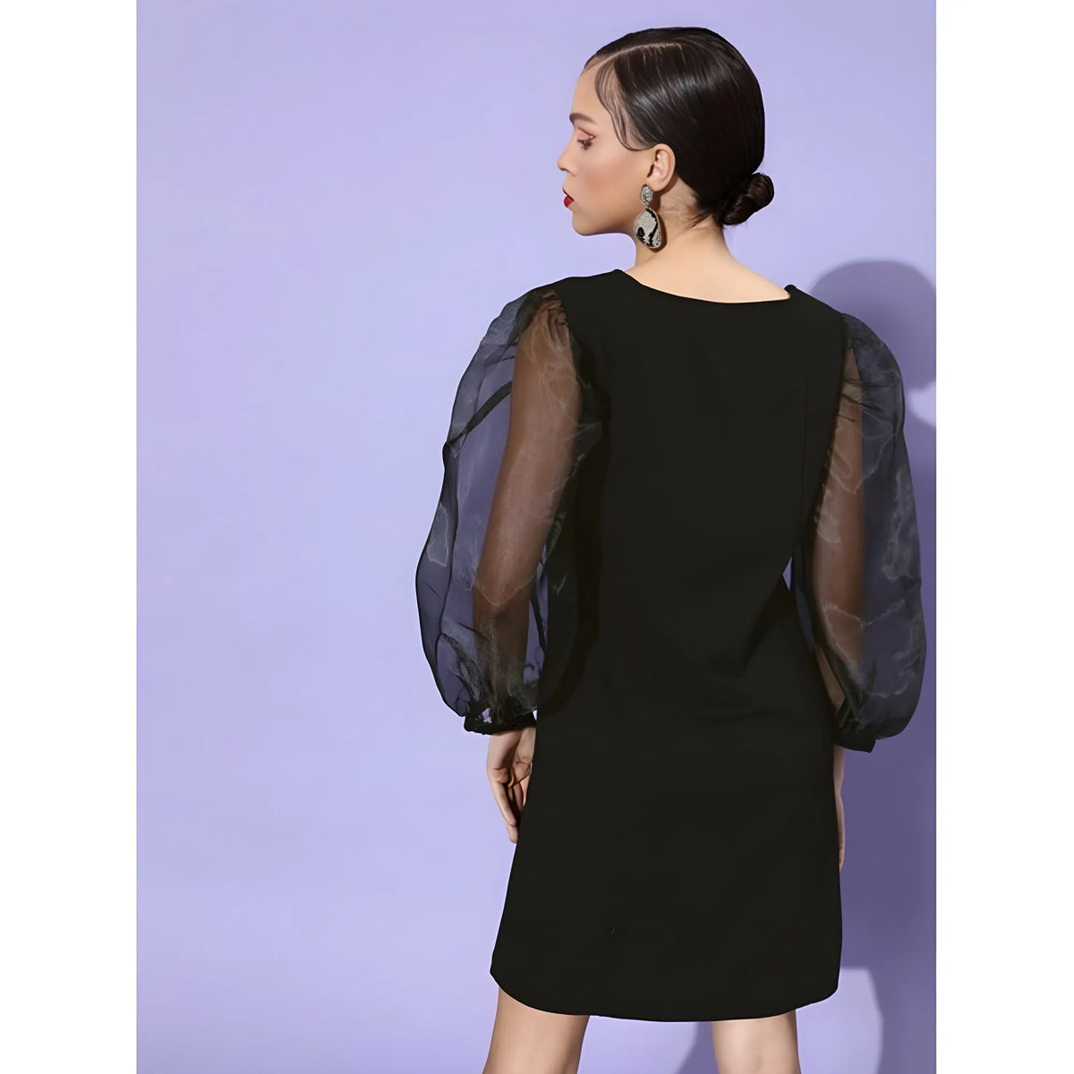 Women's Organza And Polyester Lycra Solid Long Sleeves Dress (black) | Women Signature Collection