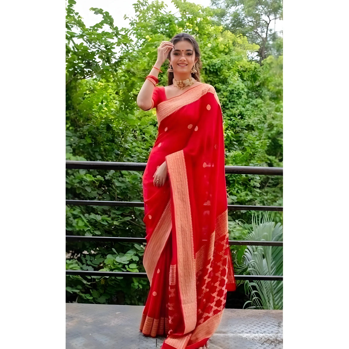 Women's Litchi silk Printed Saree With Unstitched Blouse (Red)