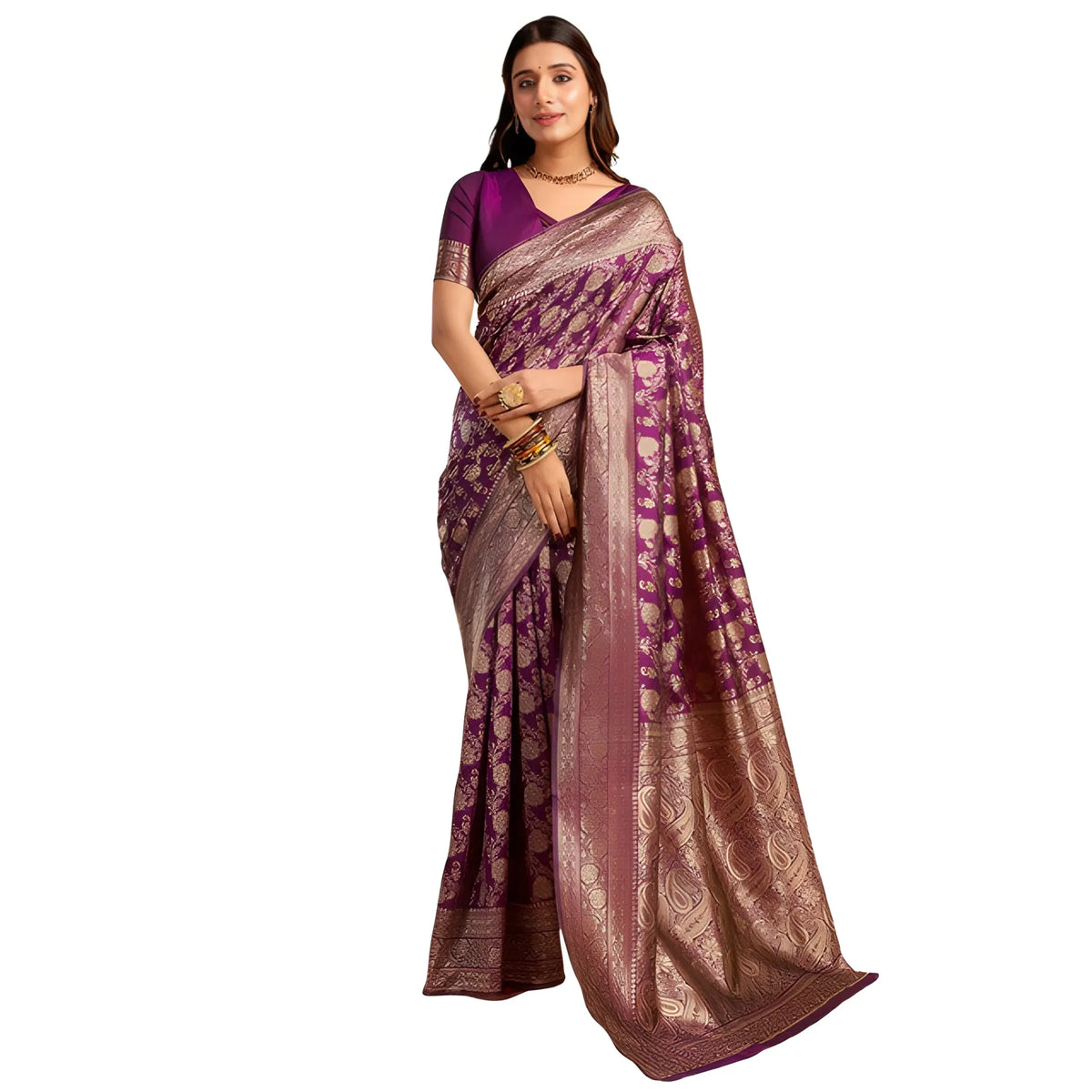 Women's Jacquard Printed Saree With Unstitched Blouse 5.5Mtr (Purple)