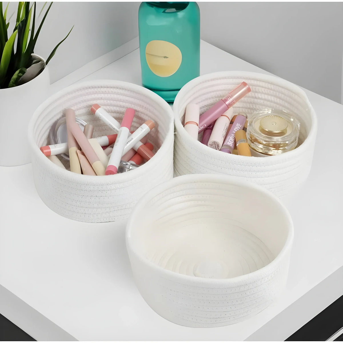 Cotton 8x3 Inch Round 3 Set Bedside Organizer With Out Lid (White)
