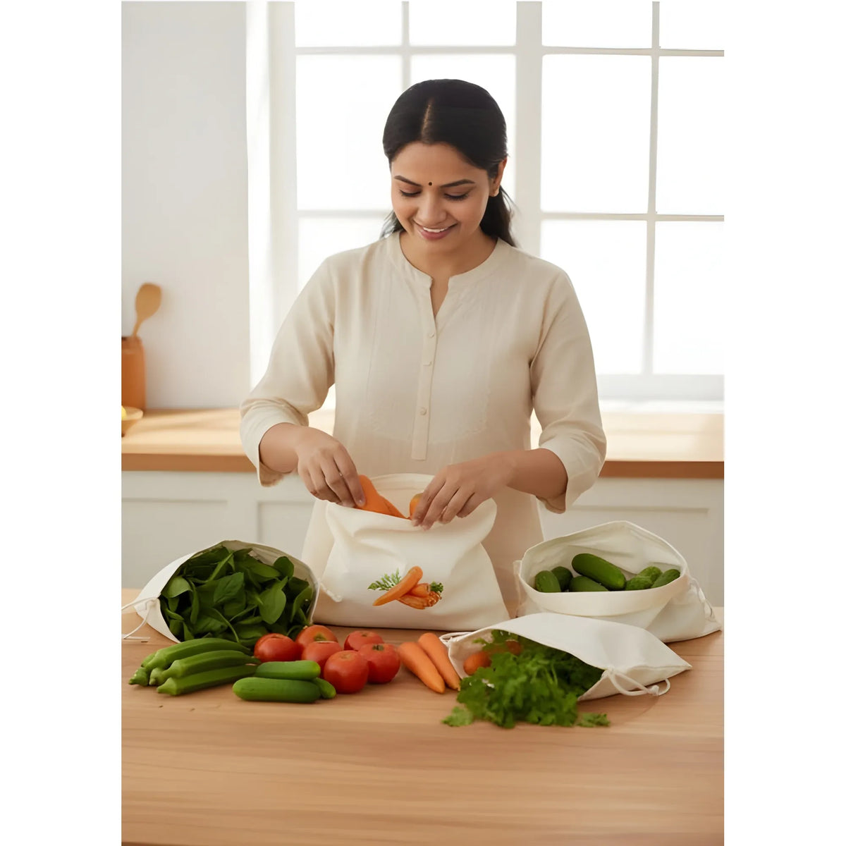 Cotton Vegetable Bag Size 12*12 - 10 Pieces Set (Beige)