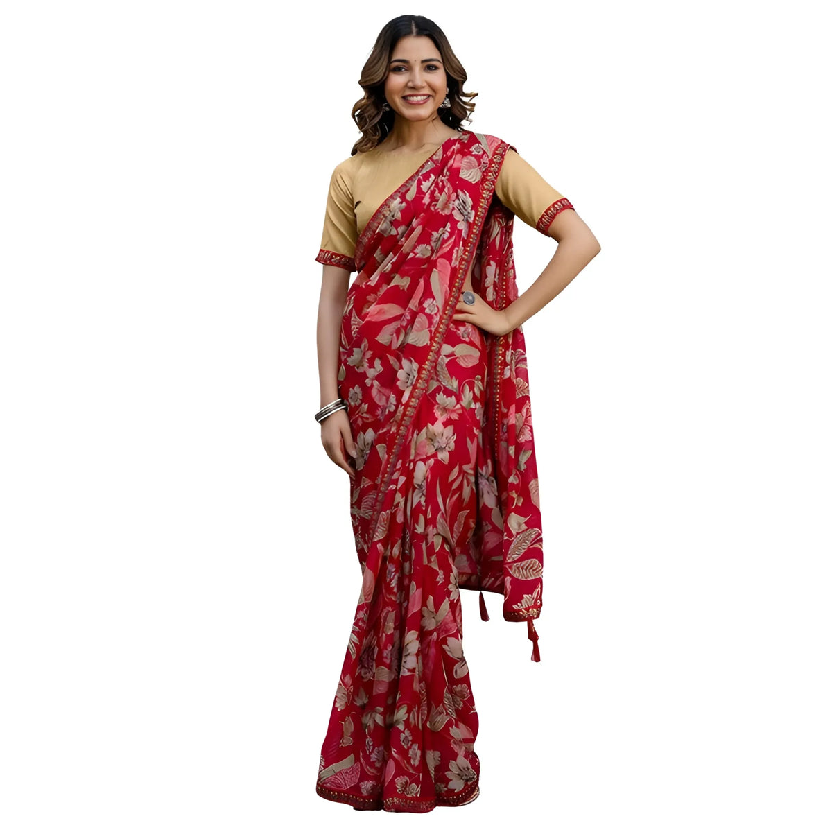 Women's Georgette Floral Printed Saree With Unstitched Blouse 5.5Mtr (Red)