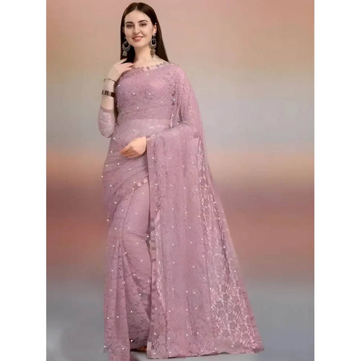 Women's Net Self Design Saree With Unstitched Blouse 5.5Mtr  (Light Brown)